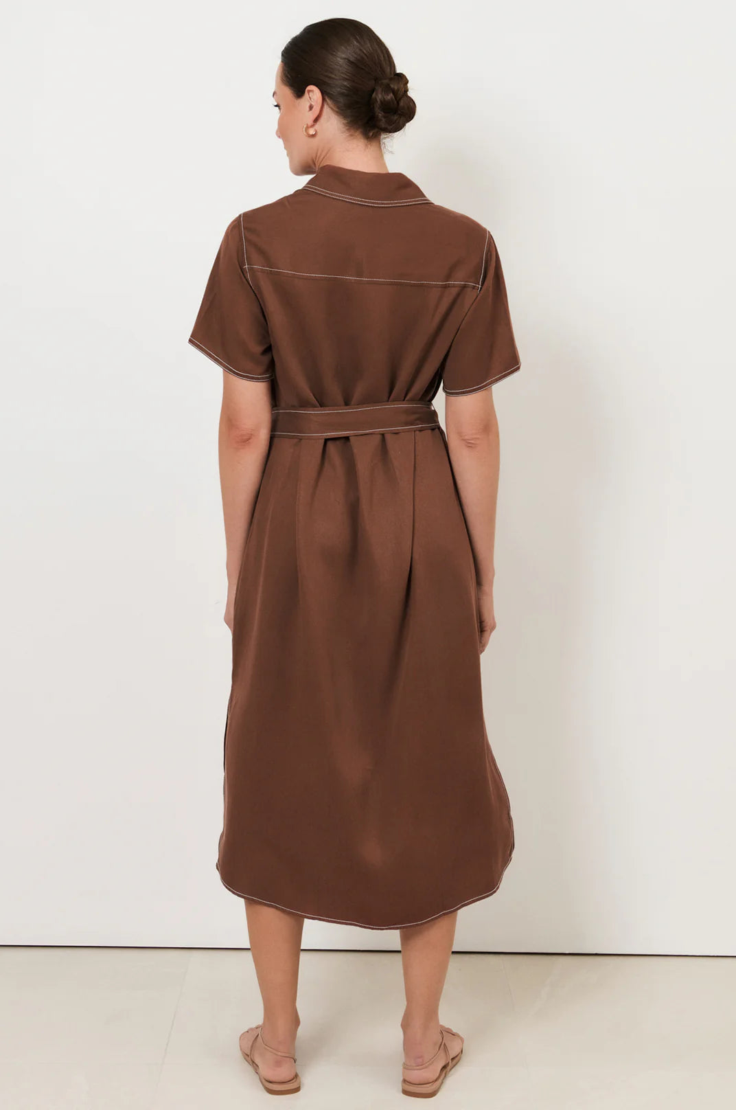 Cody Contrast Stitch Short Sleeve Shirt Dress - Chocolate