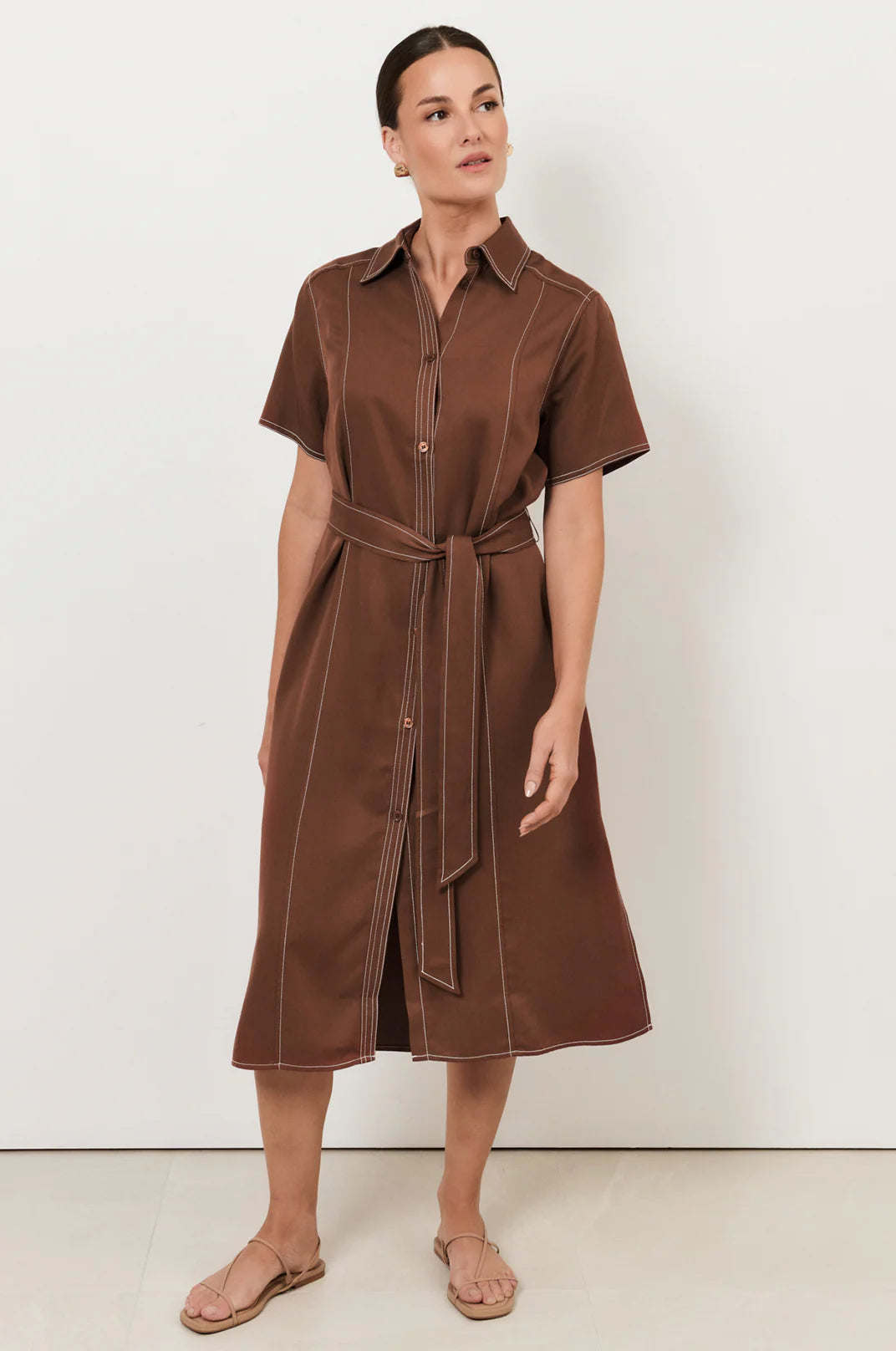 Cody Contrast Stitch Short Sleeve Shirt Dress - Chocolate