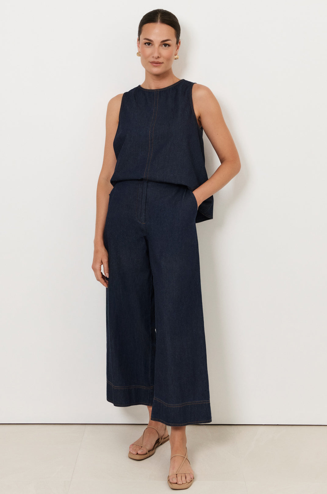 Adorne Agatha Cropped Lightweight Denim Pant in Denim, front view