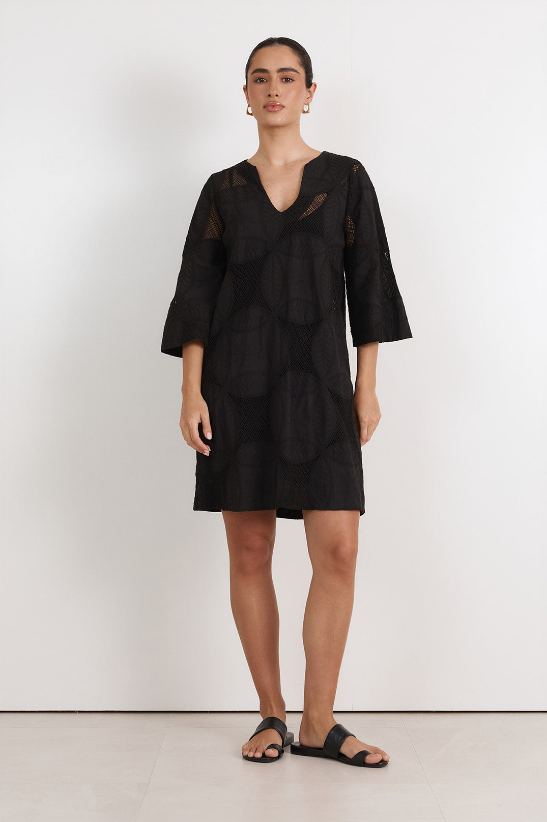 Adorne Paloma Kaftan Short Dress - Black, view 3