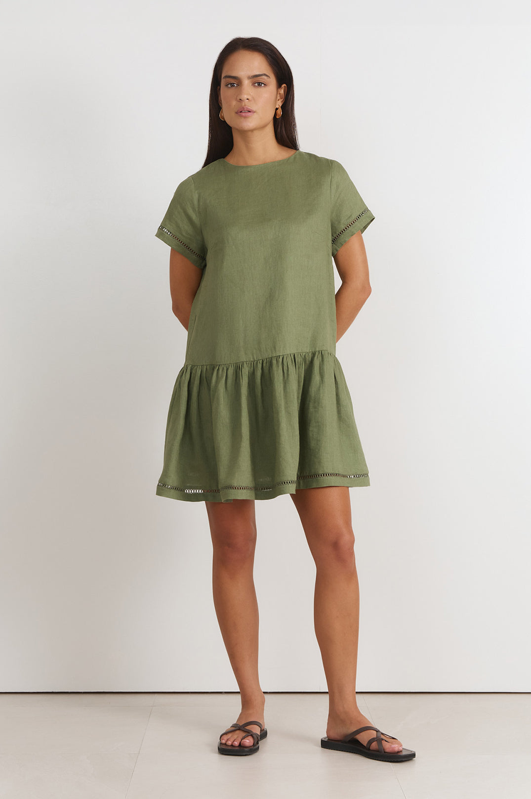Adorne Leonie Linen Short Dress in Khaki, model shot