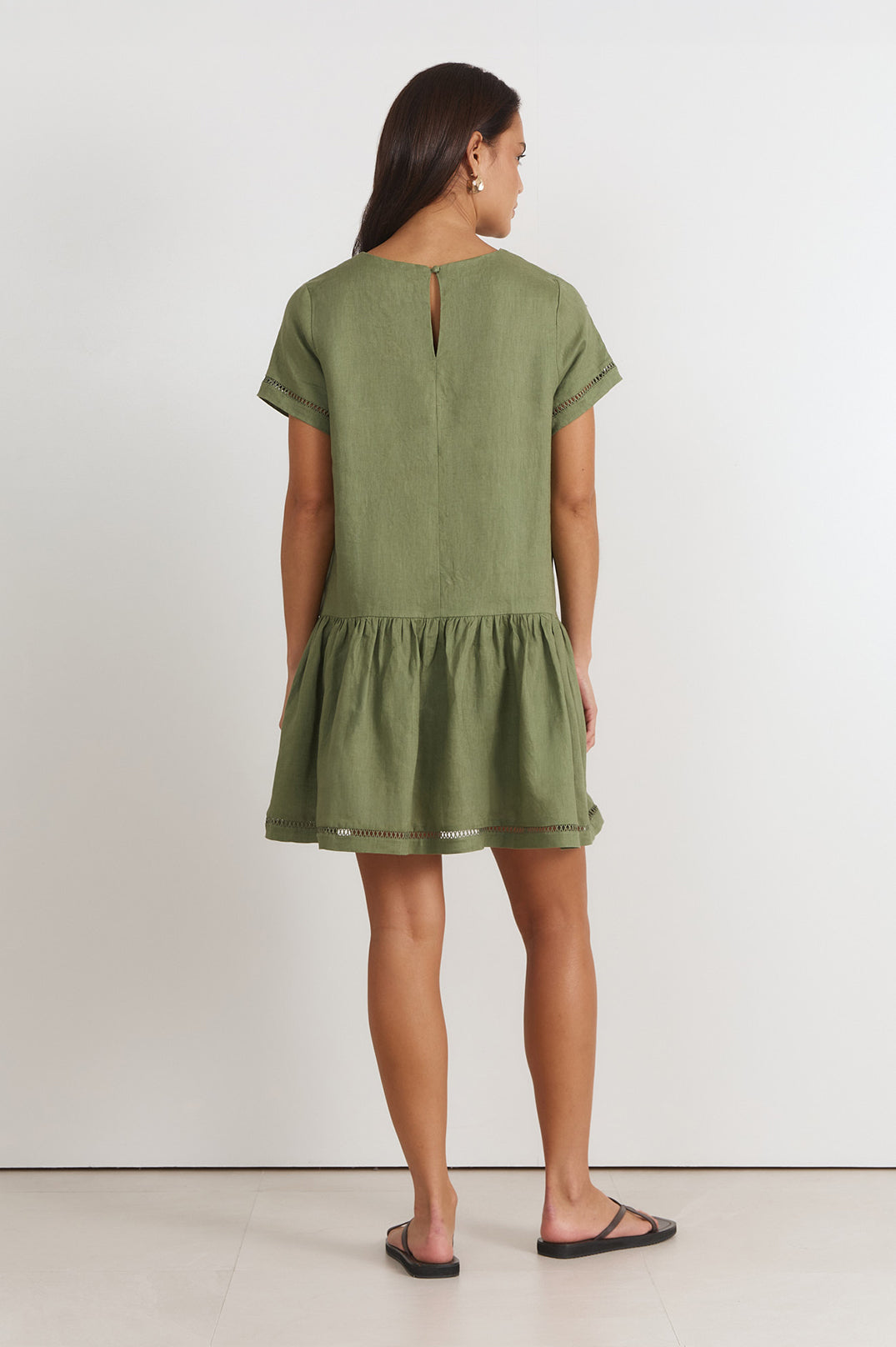 Adorne Leonie Linen Short Dress in Khaki, detail