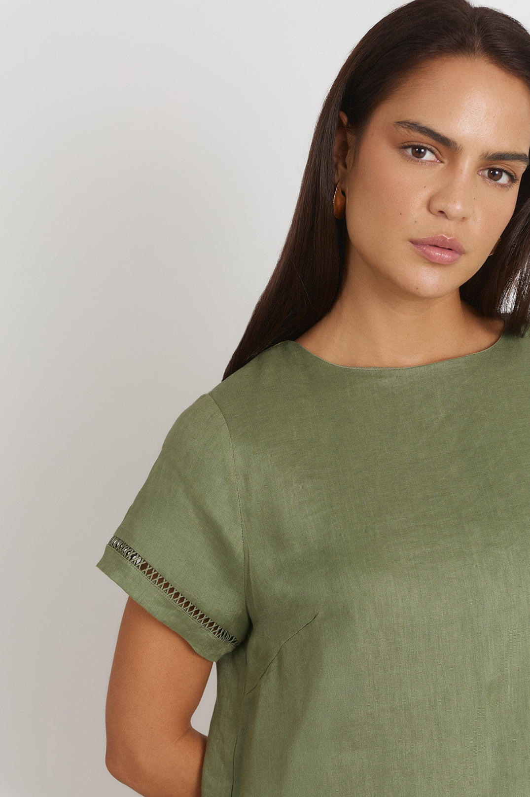 Adorne Leonie Linen Short Dress in Khaki, side view