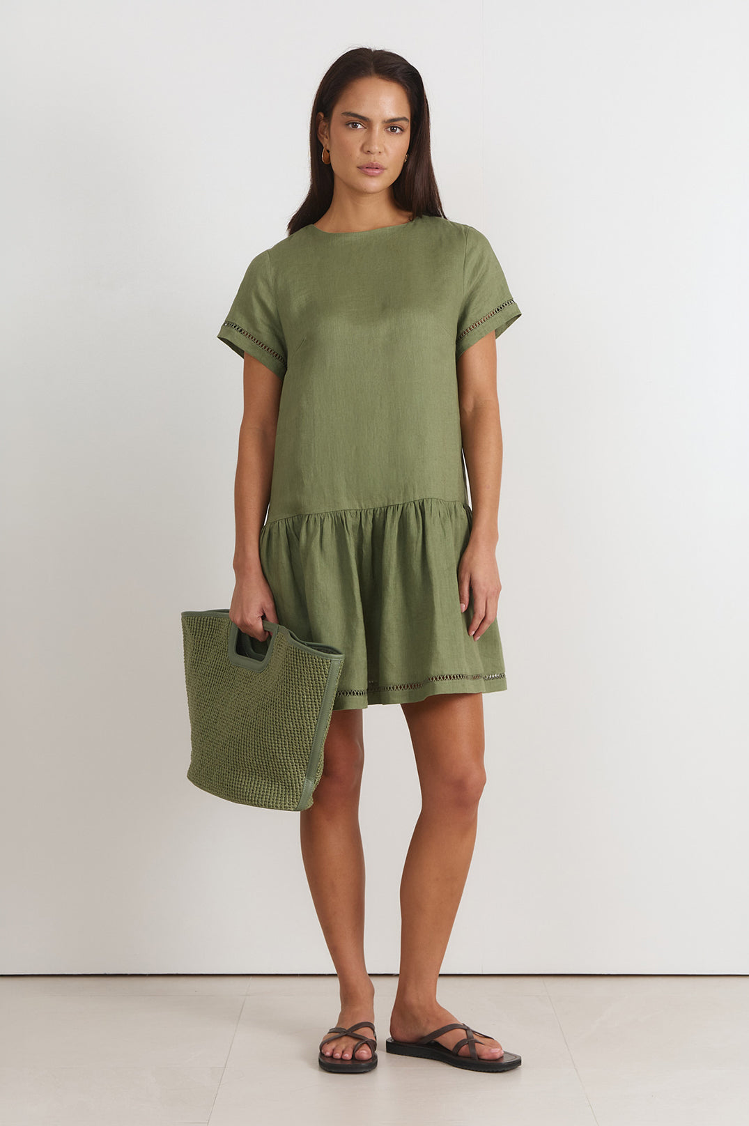 Adorne Leonie Linen Short Dress in Khaki, front view