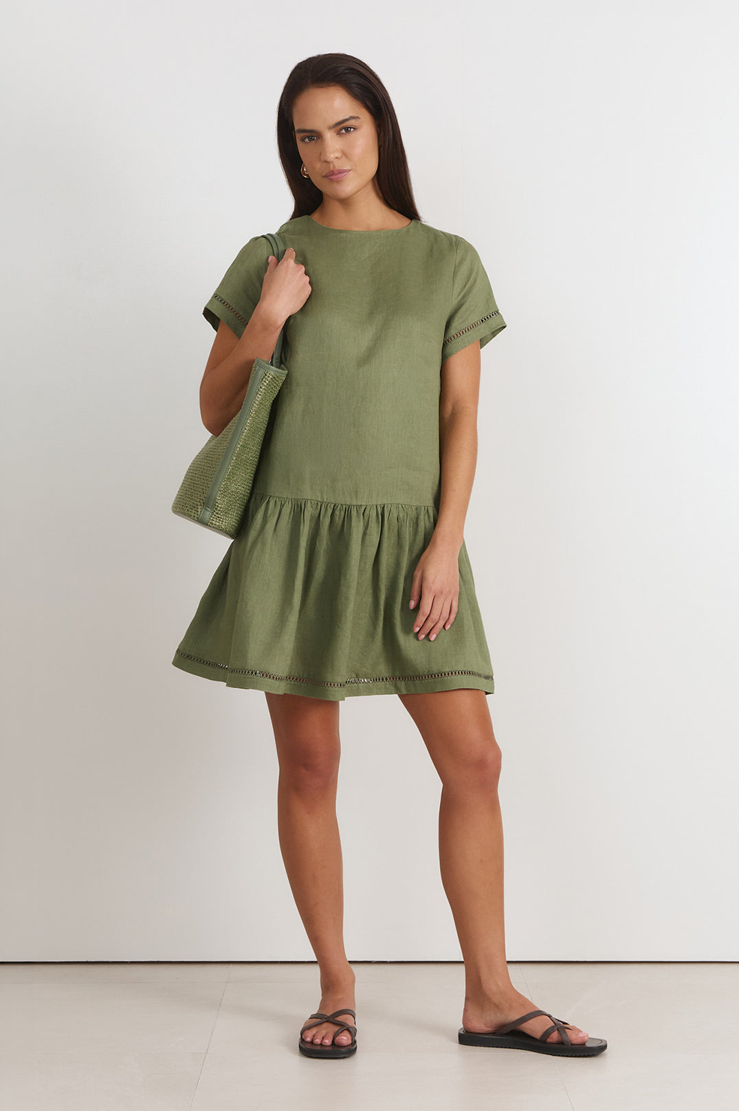 Adorne Leonie Linen Short Dress in Khaki, back view