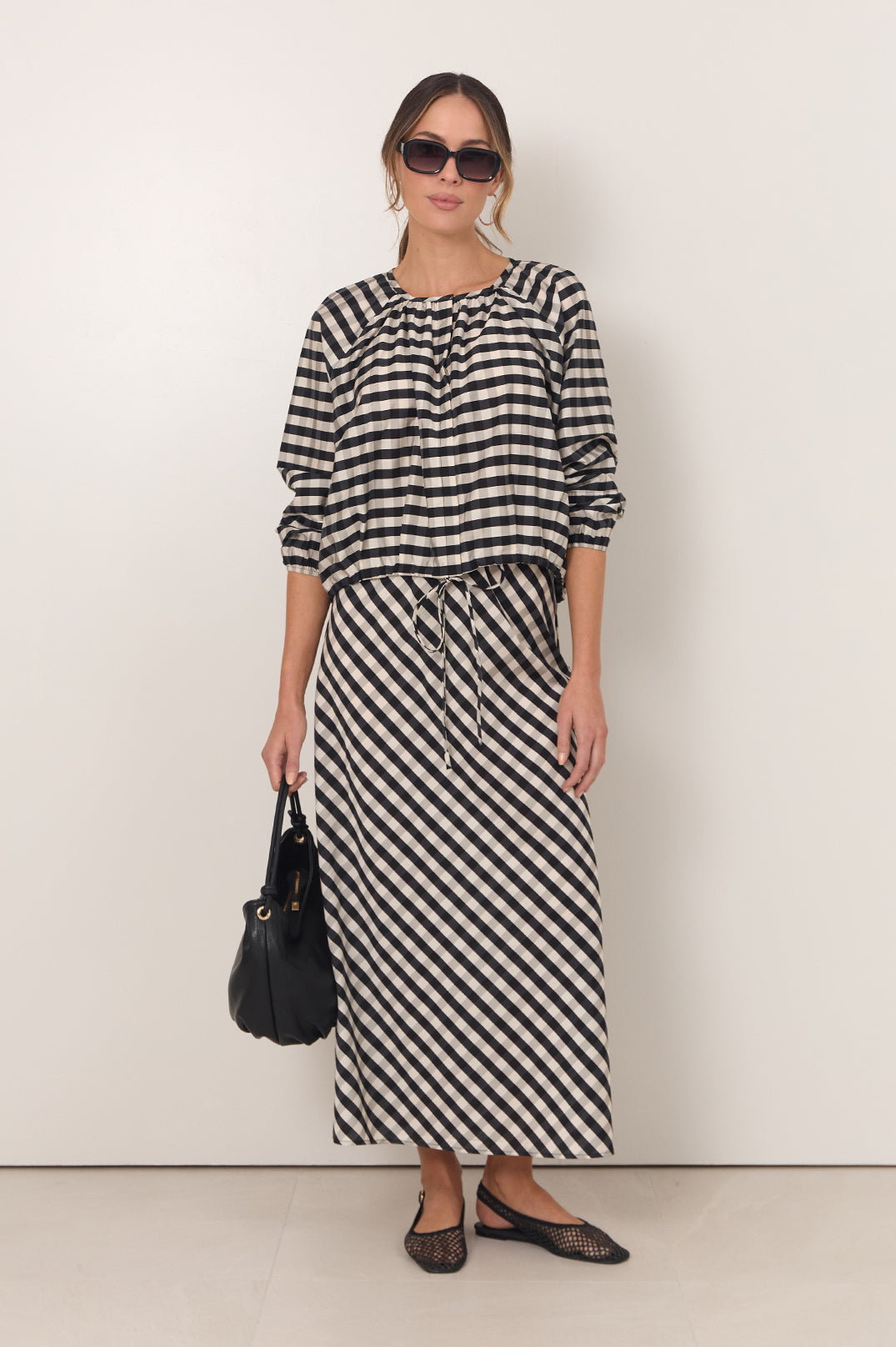 adorne Mae Gingham Maxi Skirt in Print, front view