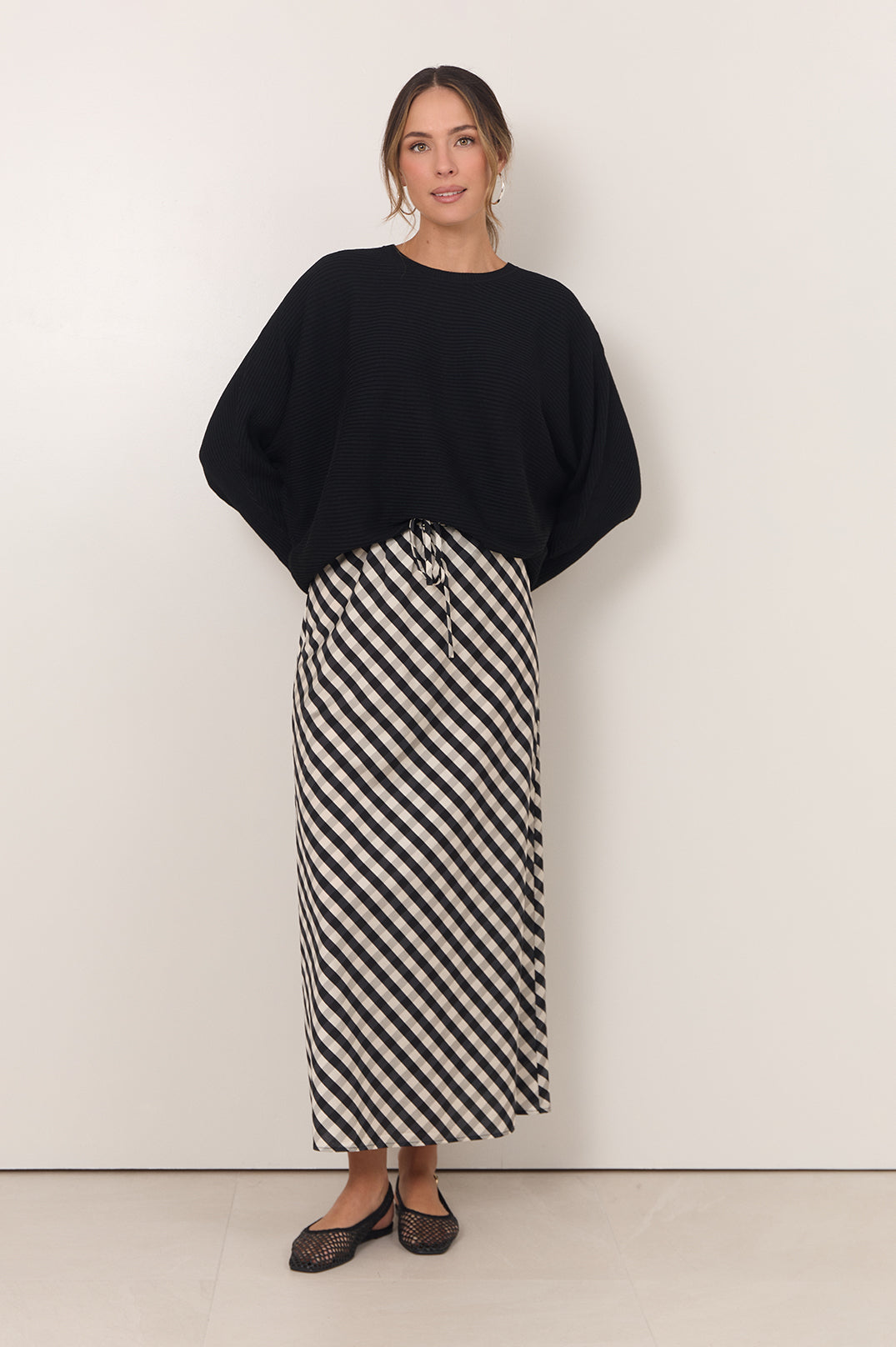 adorne Mae Gingham Maxi Skirt in Print, fabric detail close-up