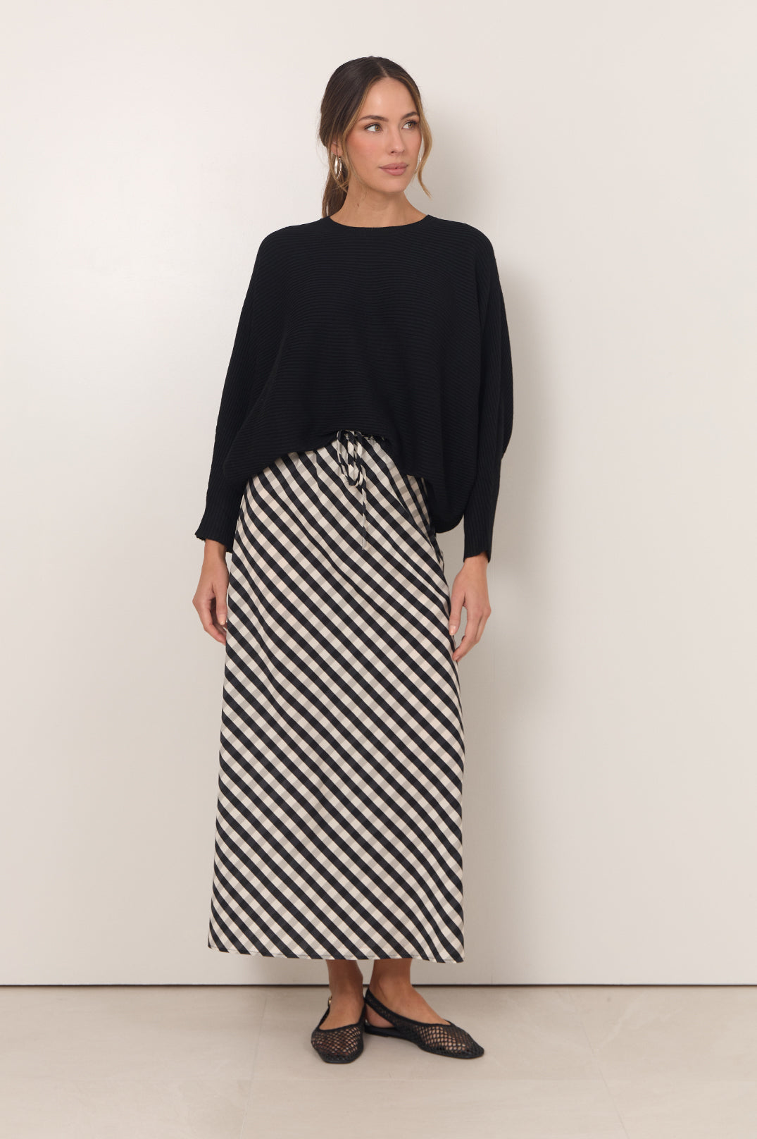 adorne Mae Gingham Maxi Skirt in Print, styled detail