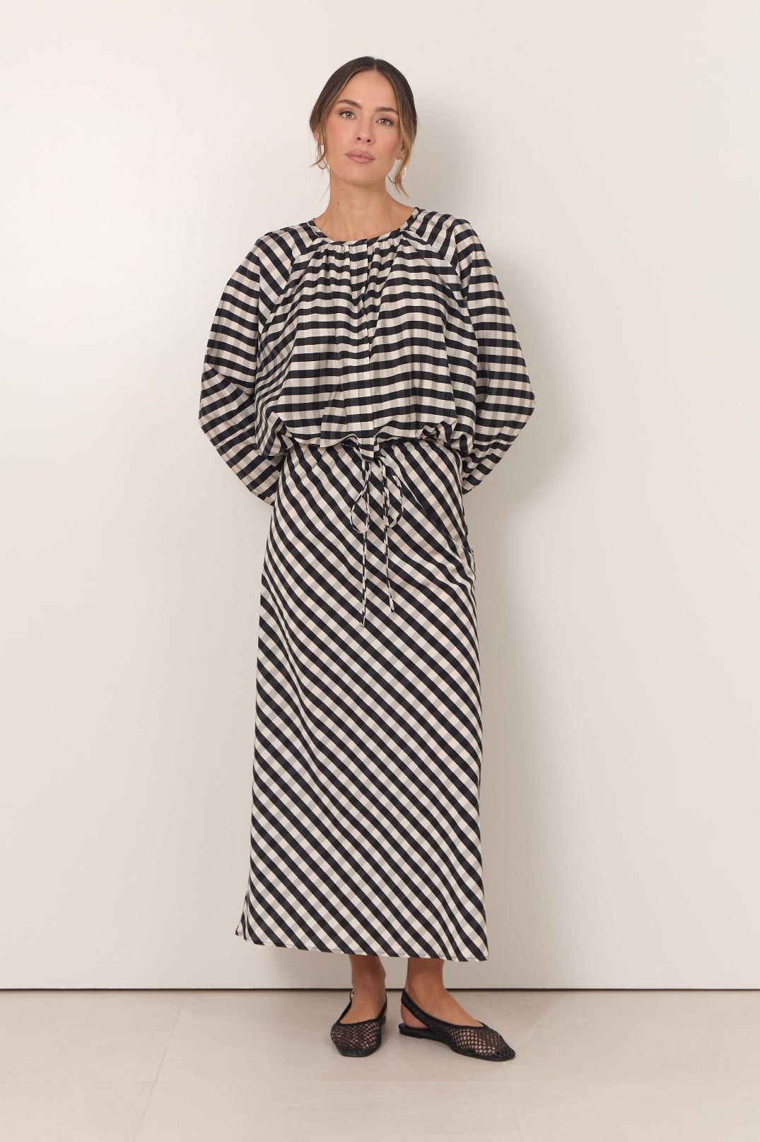 adorne Mae Gingham Maxi Skirt in Print, back view
