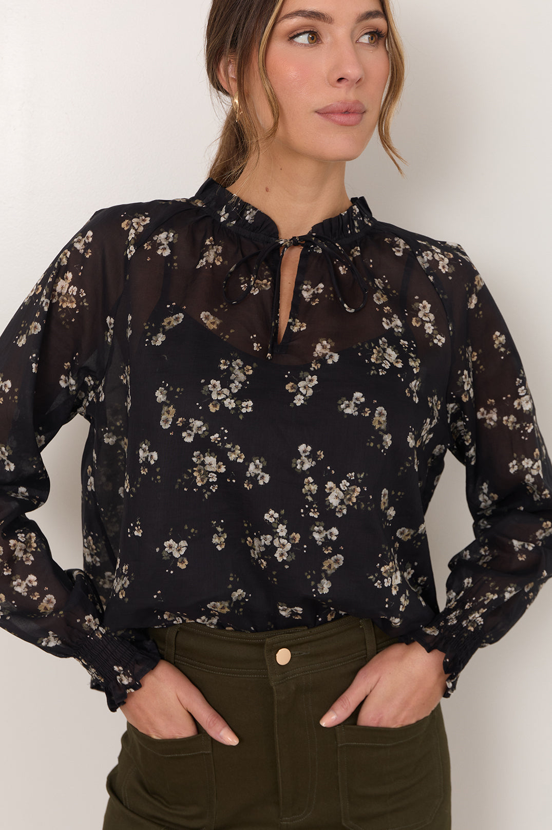 Adorne Adelaide Long Sleeve Top in Print, fabric detail close-up