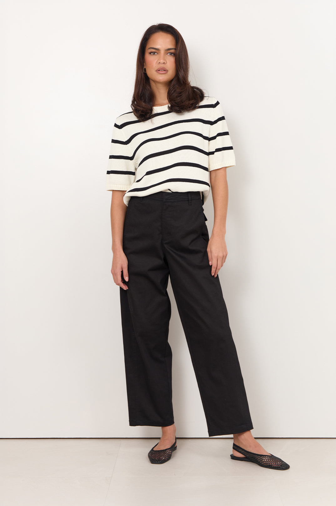 Adorne Hollis Barrel Leg Pant in Black, styled detail