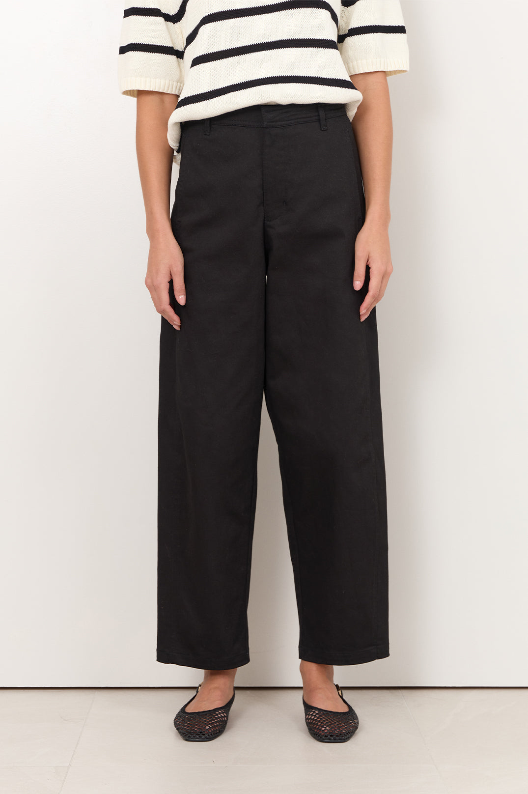 Adorne Hollis Barrel Leg Pant in Black, fabric detail close-up