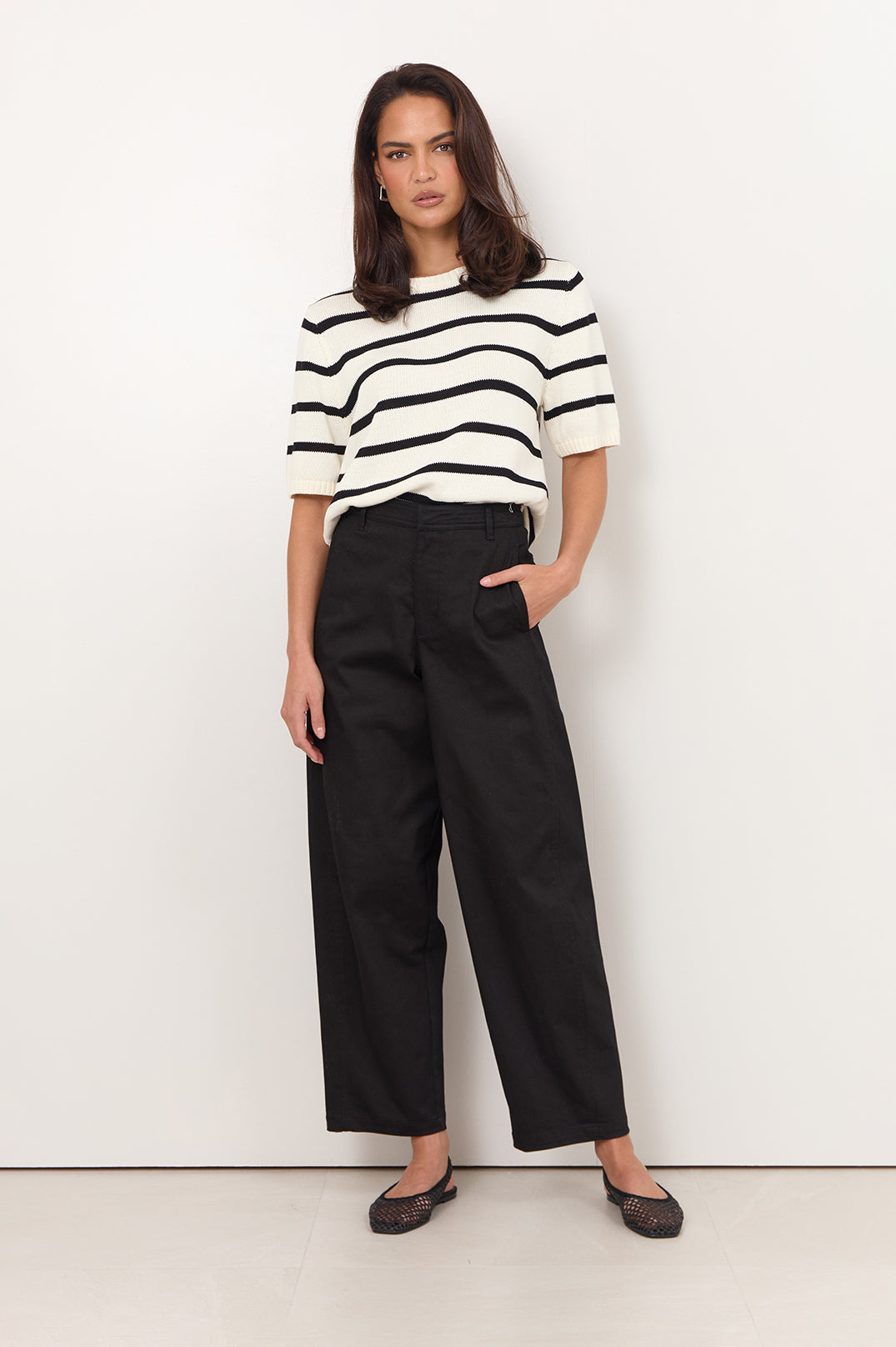 Adorne Hollis Barrel Leg Pant in Black, front view