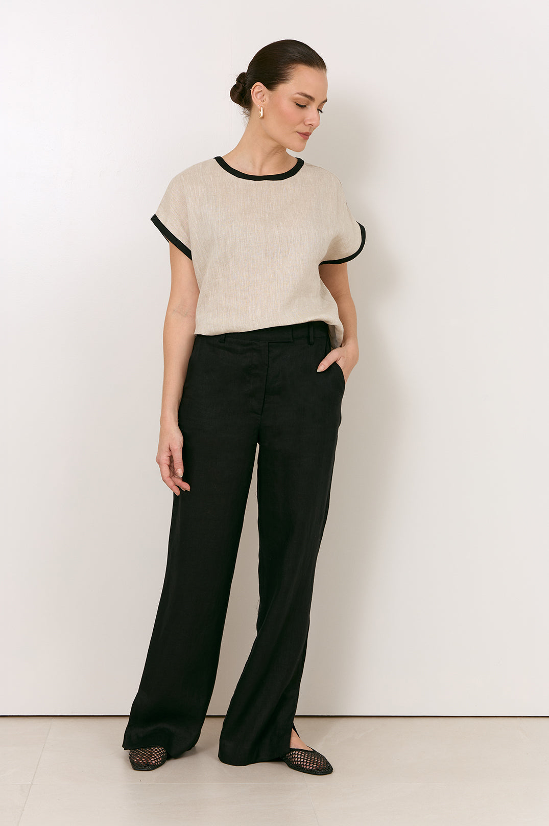 adorne Easton Side Split Linen Pant in Black, side view