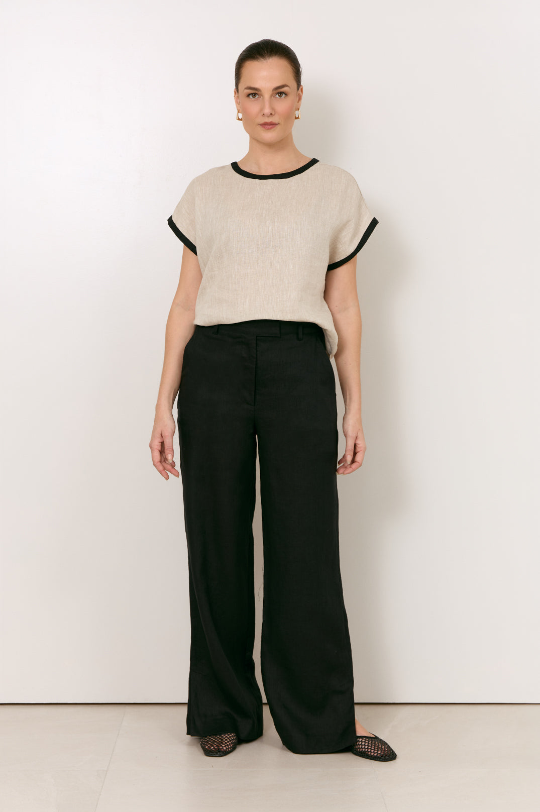 adorne Easton Side Split Linen Pant in Black, front view
