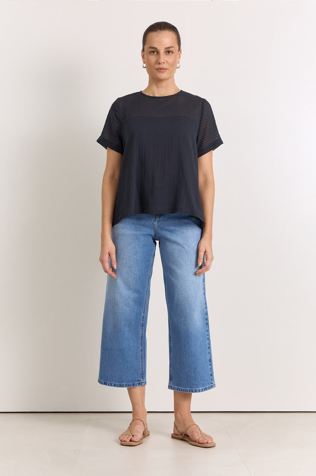 Adorne Lori Textured Cotton Top in Ink, back view