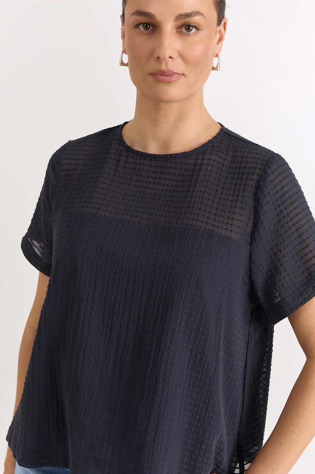 Adorne Lori Textured Cotton Top in Ink, model shot