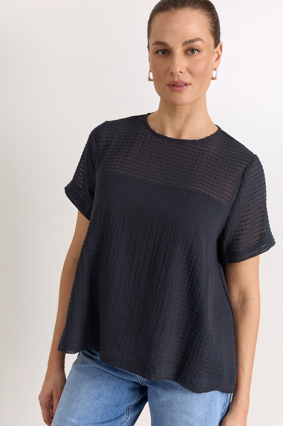 Adorne Lori Textured Cotton Top in Ink, front view
