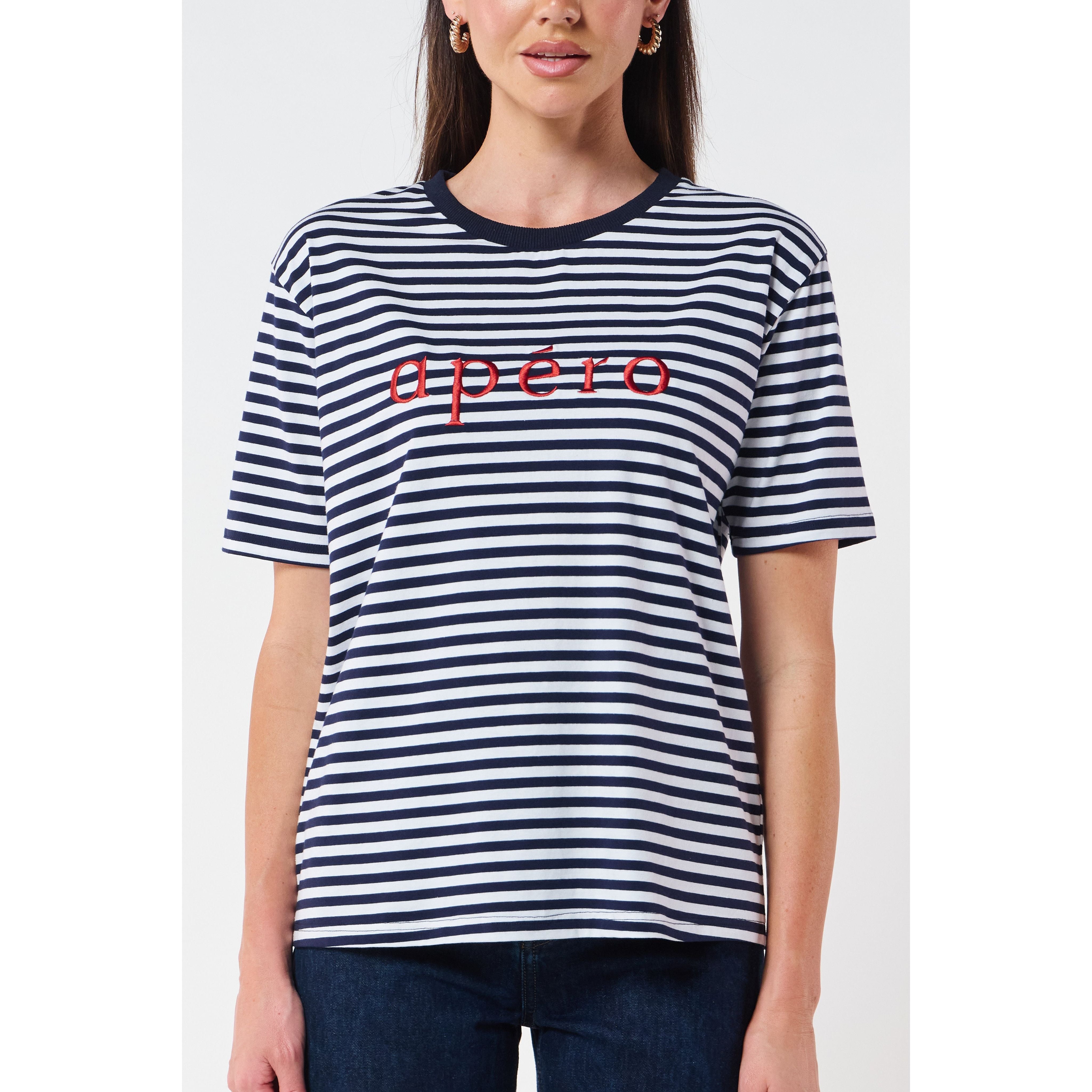 Original Stripe Embroidered Logo Tee - Navy/White