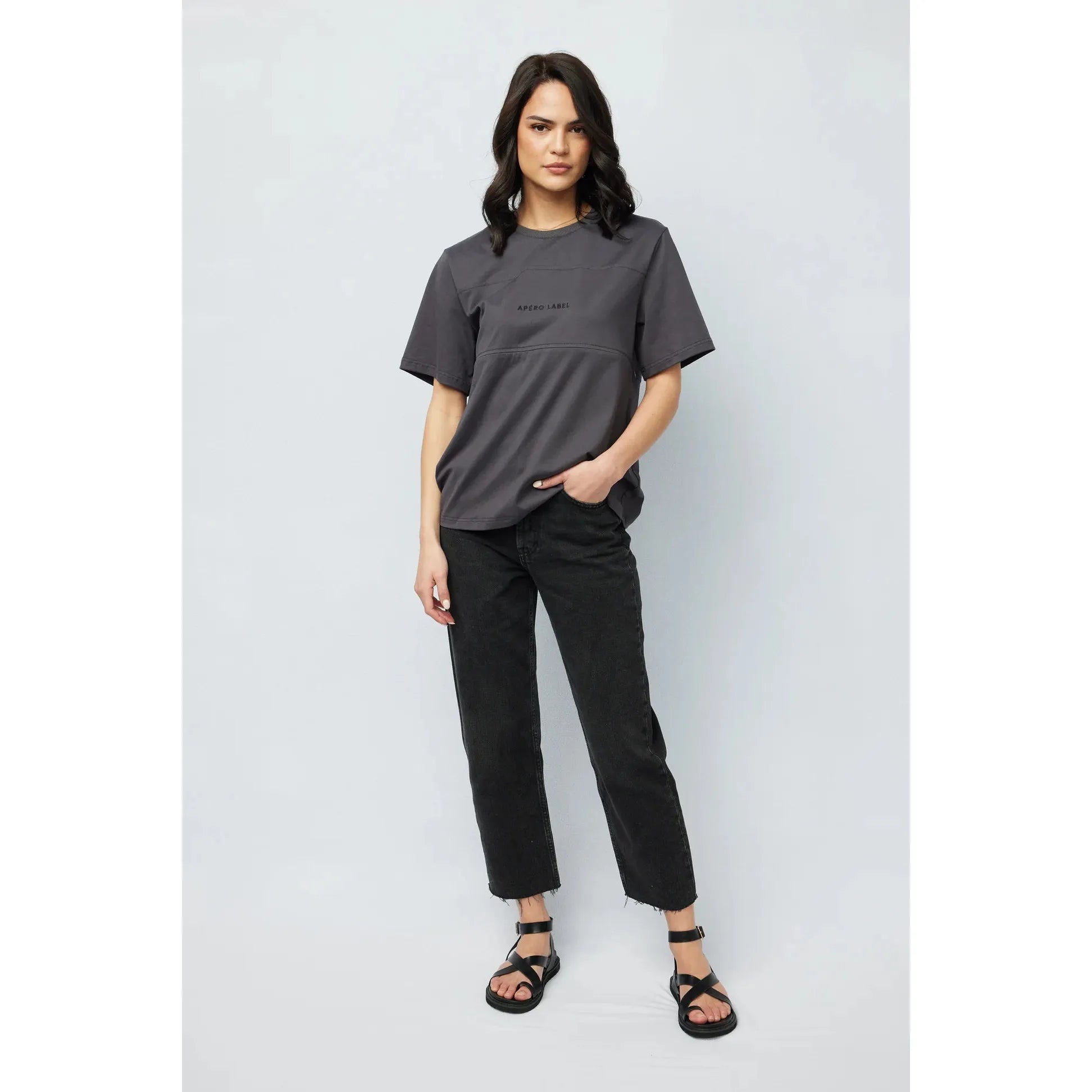 Label Embroidered Panel Tee - Charcoal / Black - Breastfeeding Friendly