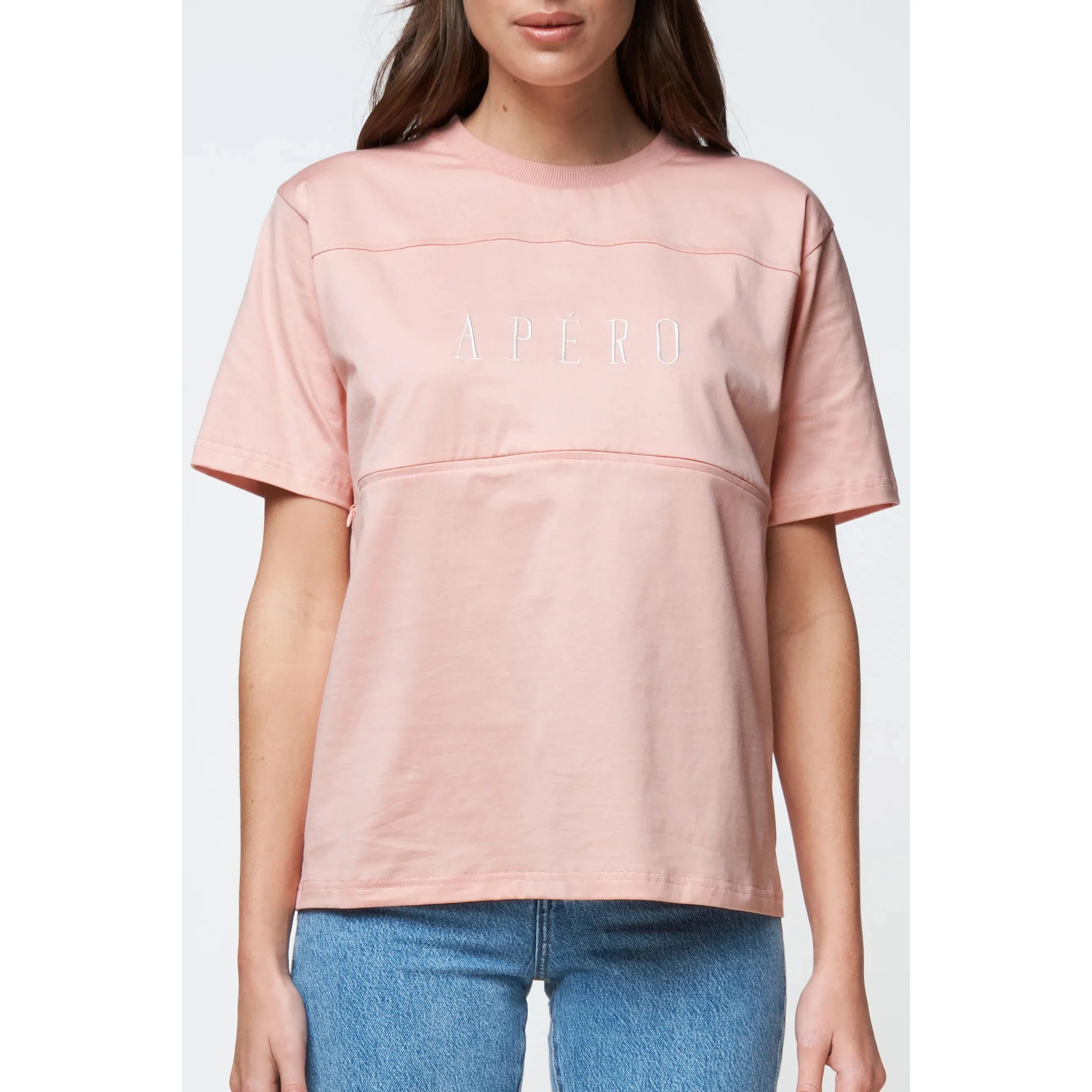 Riviera Embroidered Panel Tee - Pink / White - Breastfeeding Friendly