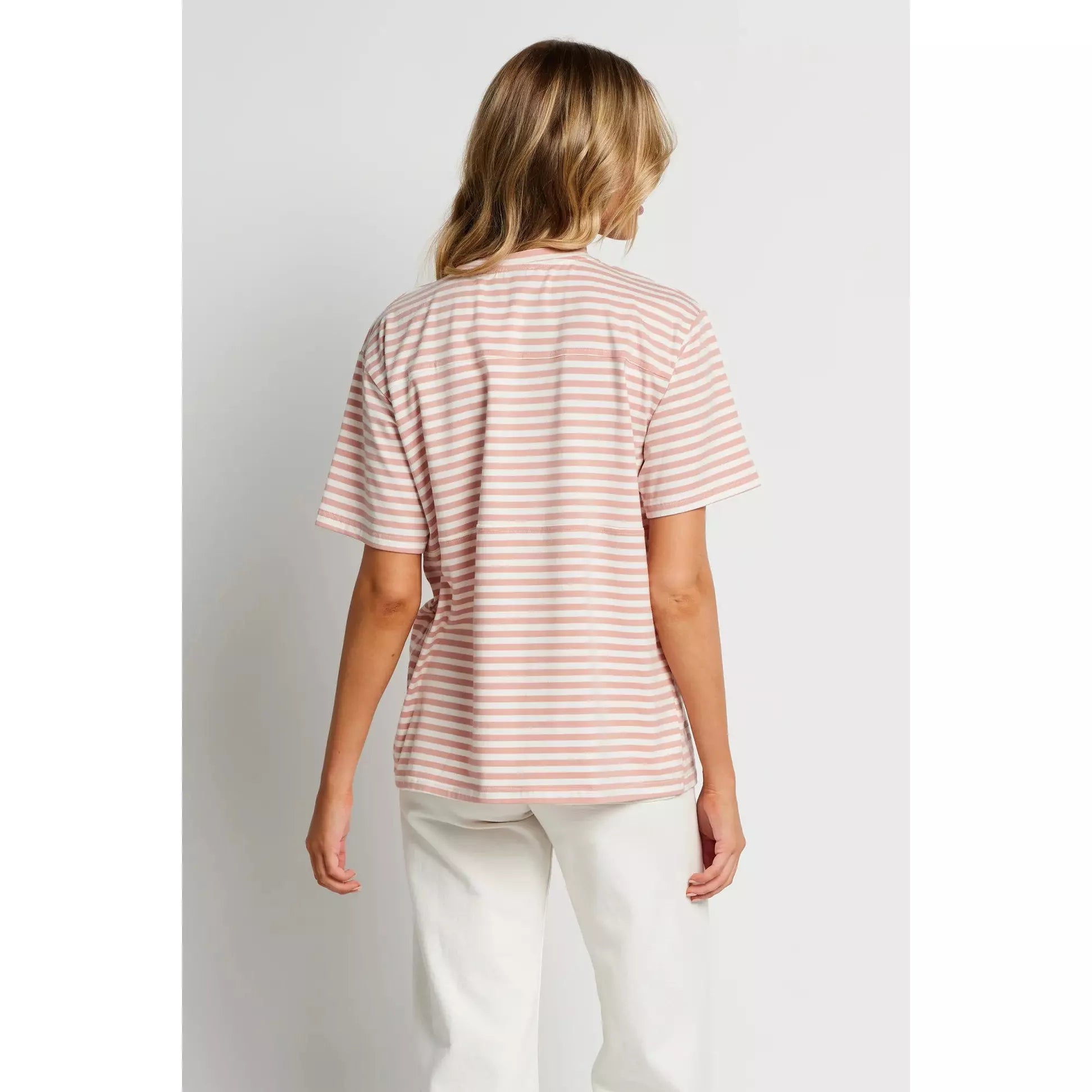 Essential Panel Embroidered Stripe  Tee - Pink / White / Red