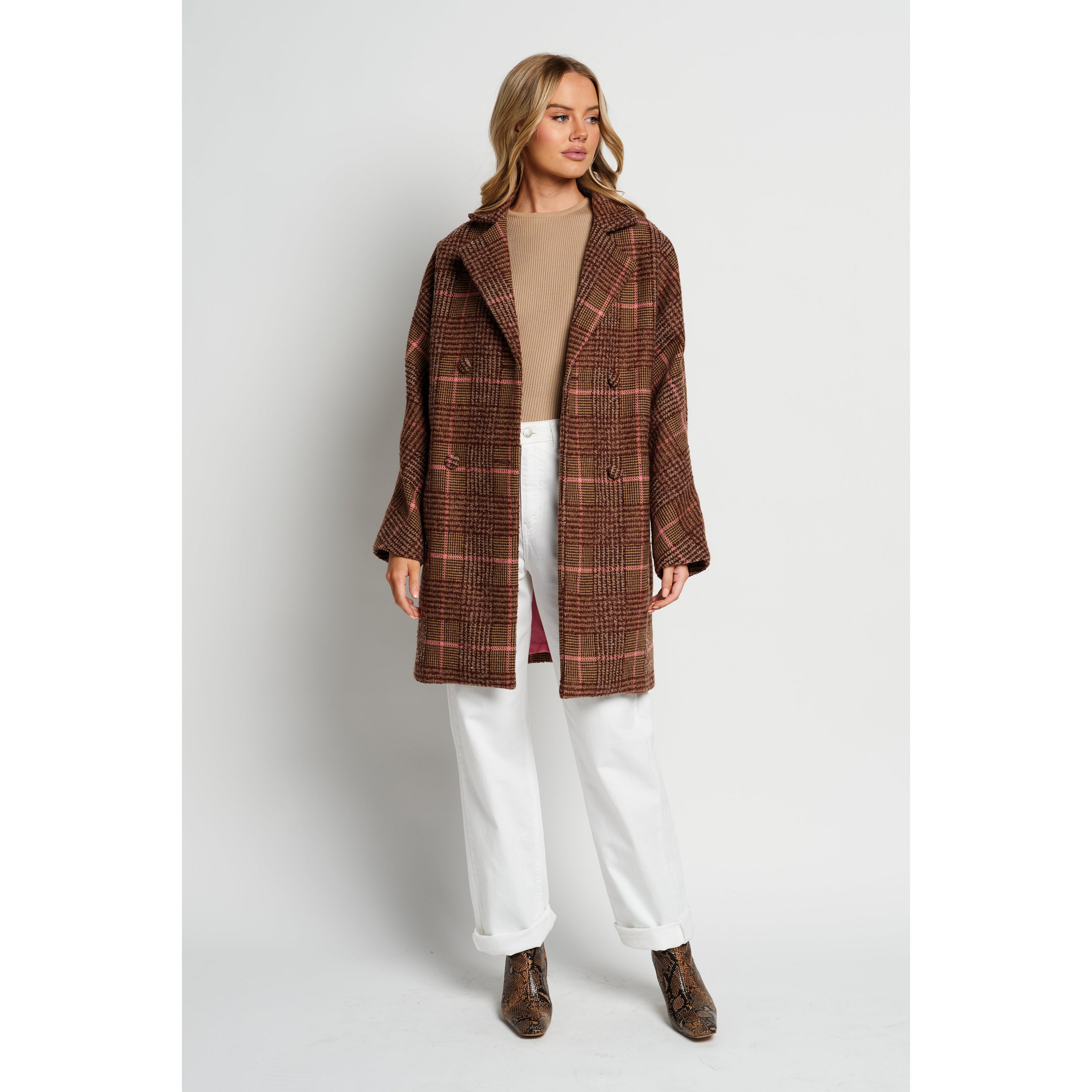 Phoebe Oversized Coat - Brown / Pink Check