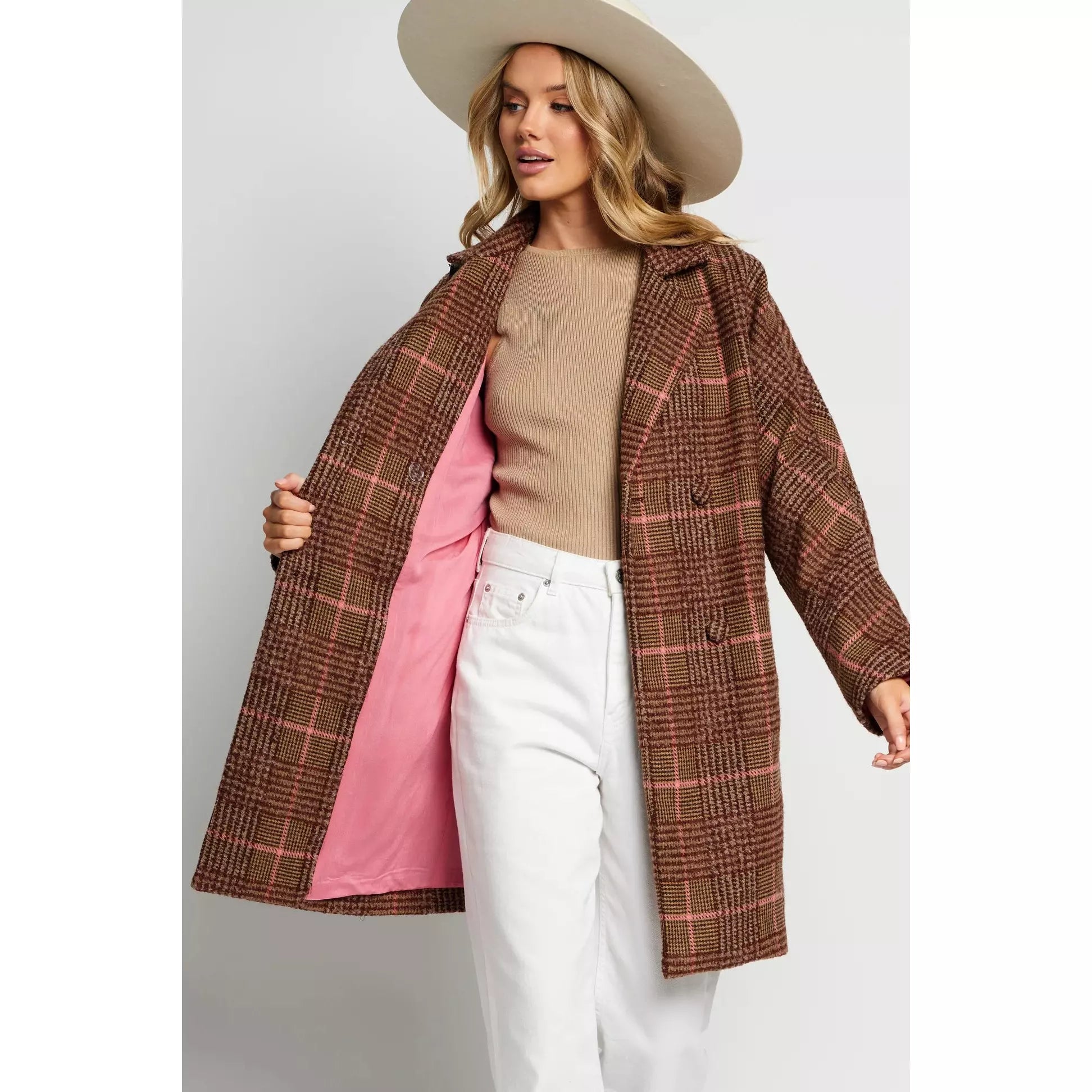 Phoebe Oversized Coat - Brown / Pink Check