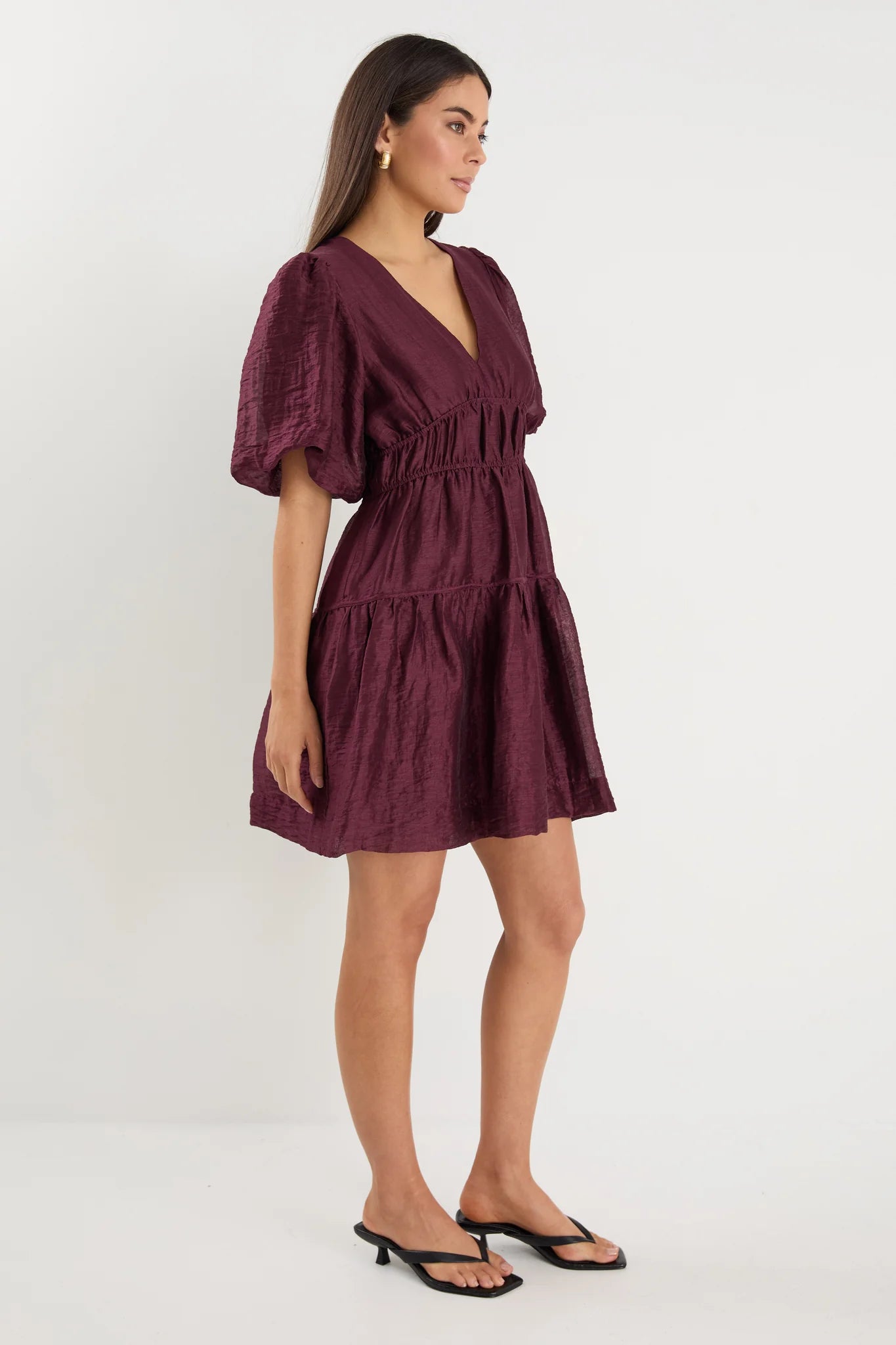 Axel Burgundy Plum Puff Sleeve V Neck Mini Dress