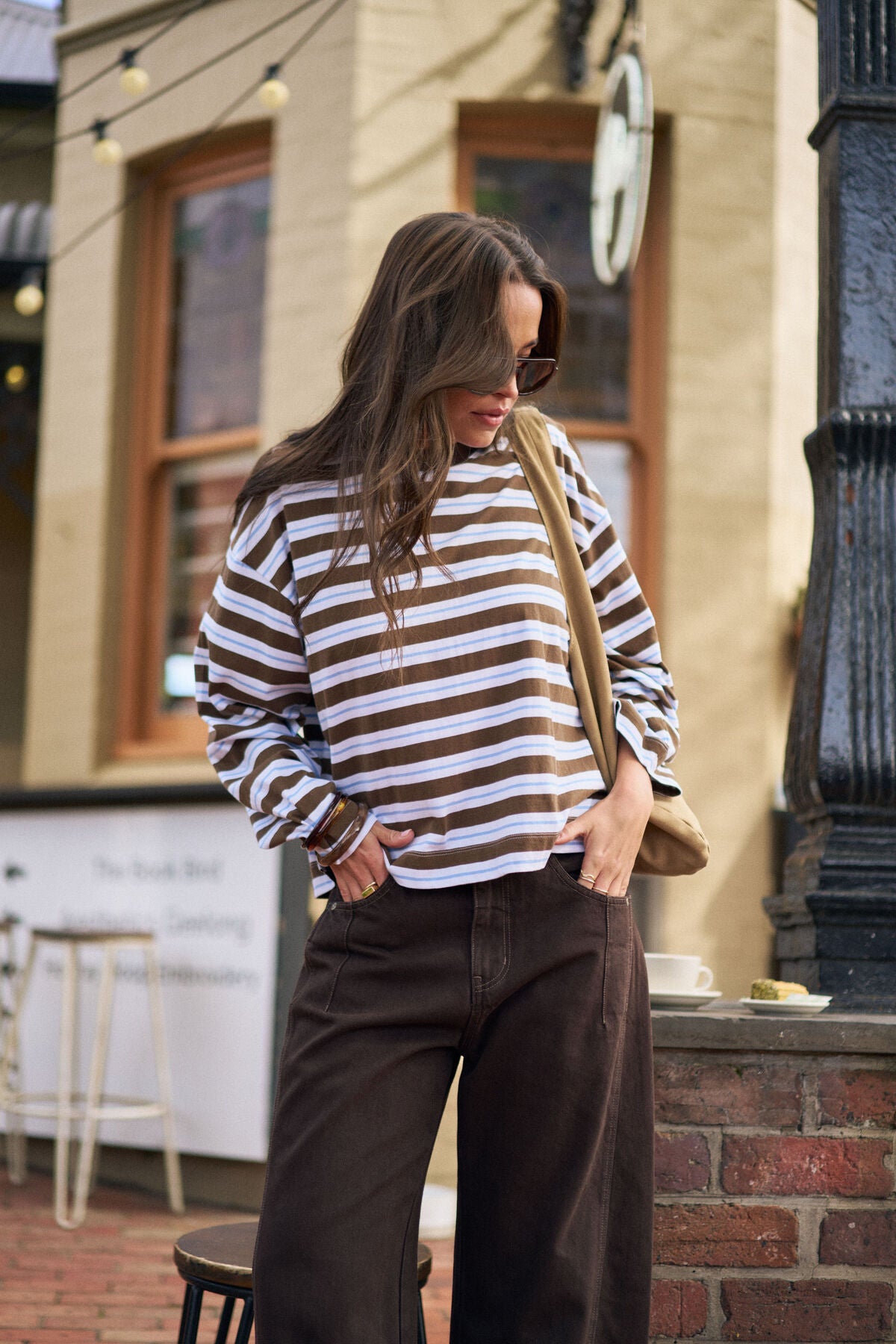 Beau Long Sleeve Slouchy Tee -   cocoa sky blue stripe