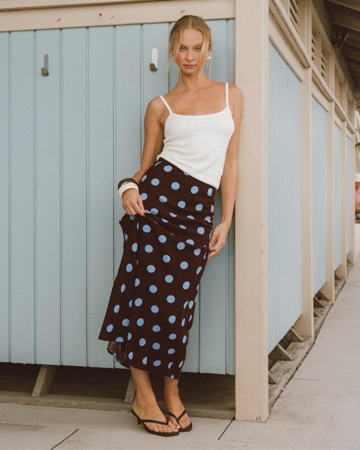 Sabrina Maxi Skirt - Chocolate/Blue Polka Dot