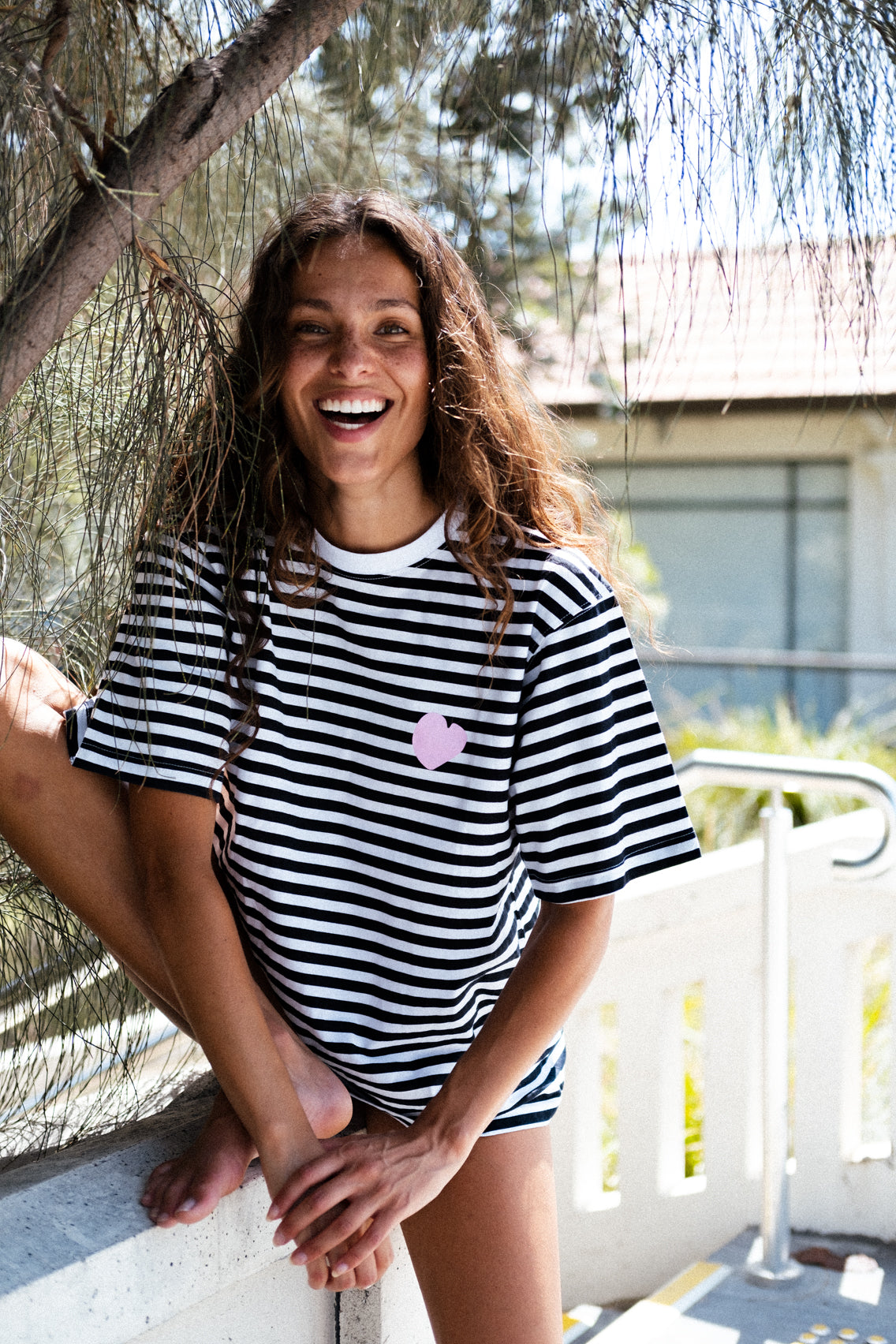 Pink Heart Tee - B&W Stripe/Pink