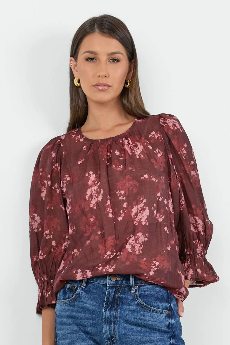 Candid Frill Sleeve Crew Neck Top -Plum Smudge Floral