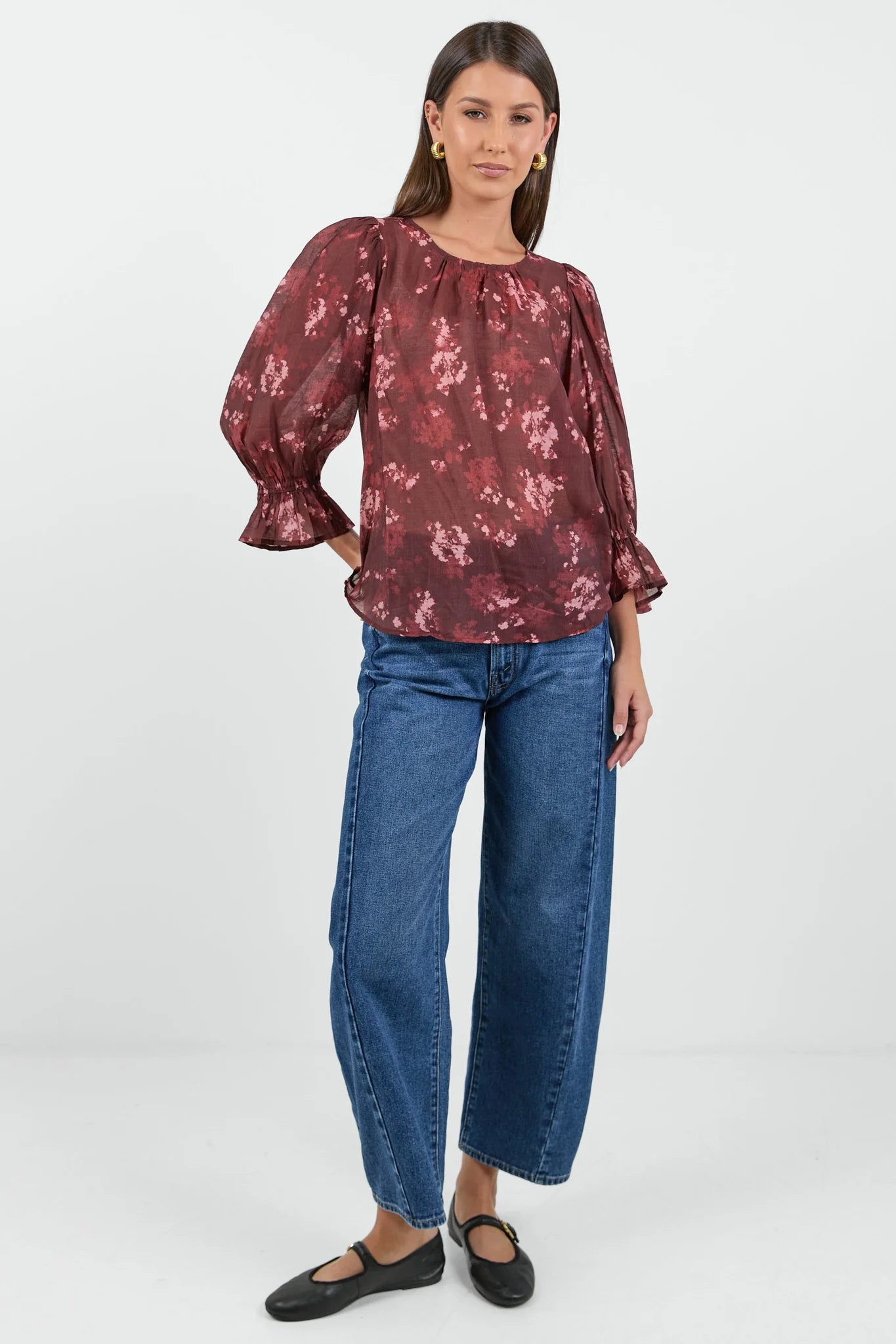 Candid Frill Sleeve Crew Neck Top -Plum Smudge Floral