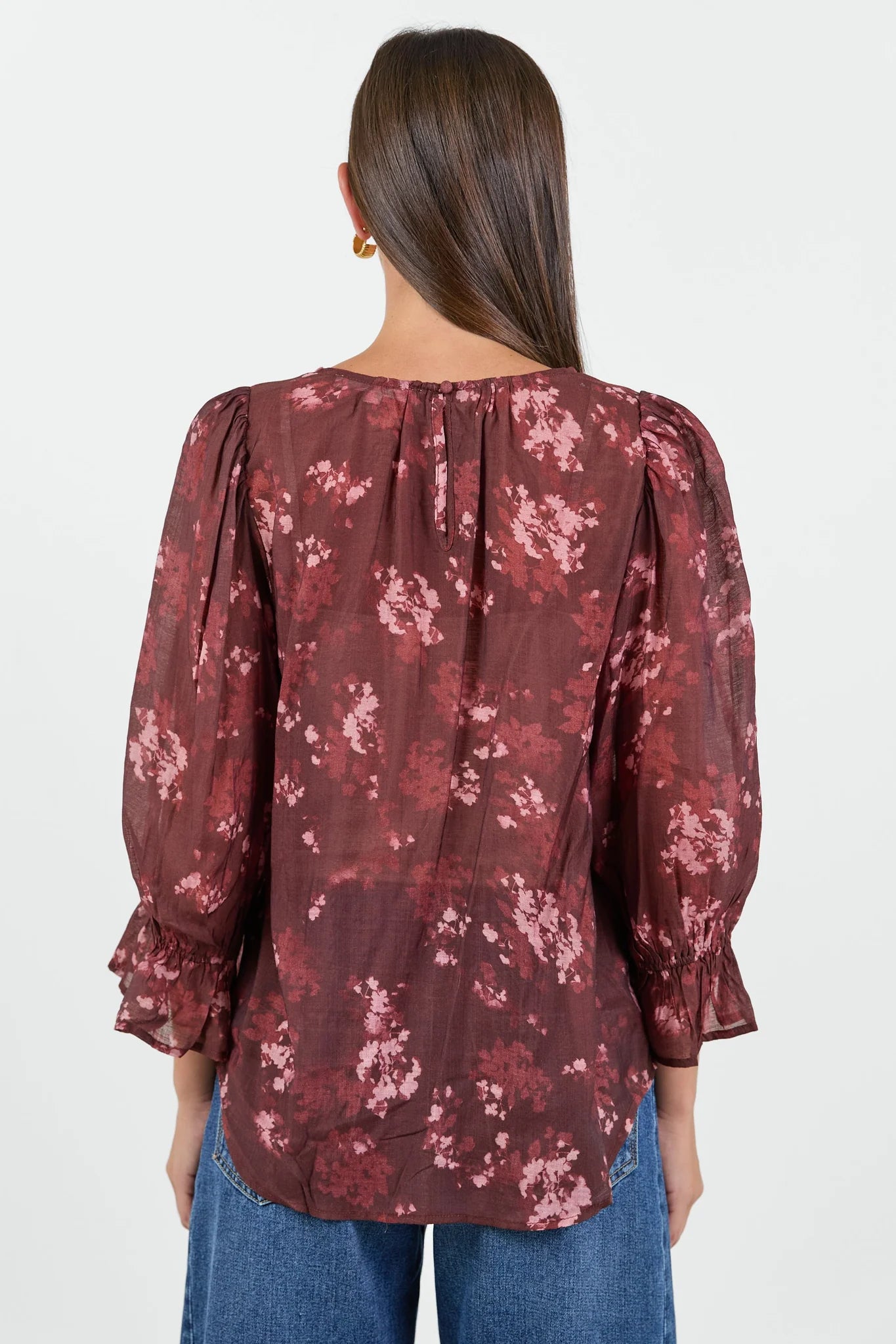 Candid Frill Sleeve Crew Neck Top -Plum Smudge Floral