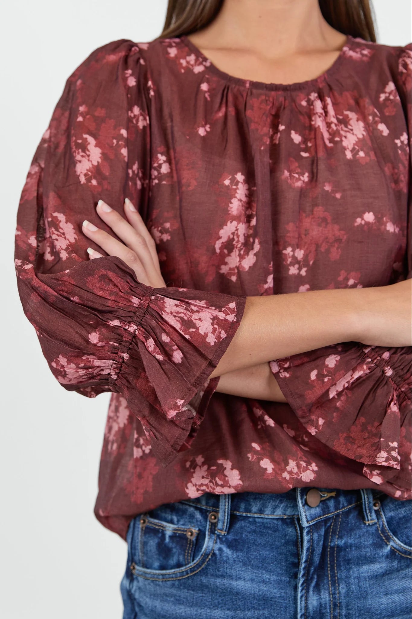 Candid Frill Sleeve Crew Neck Top -Plum Smudge Floral