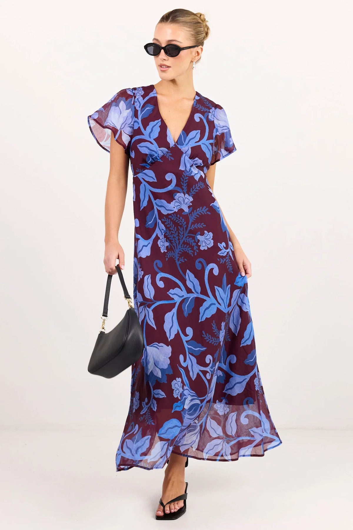 Among the Brave Chariot Maxi Dress - Burgundy Blue Floral, view 4