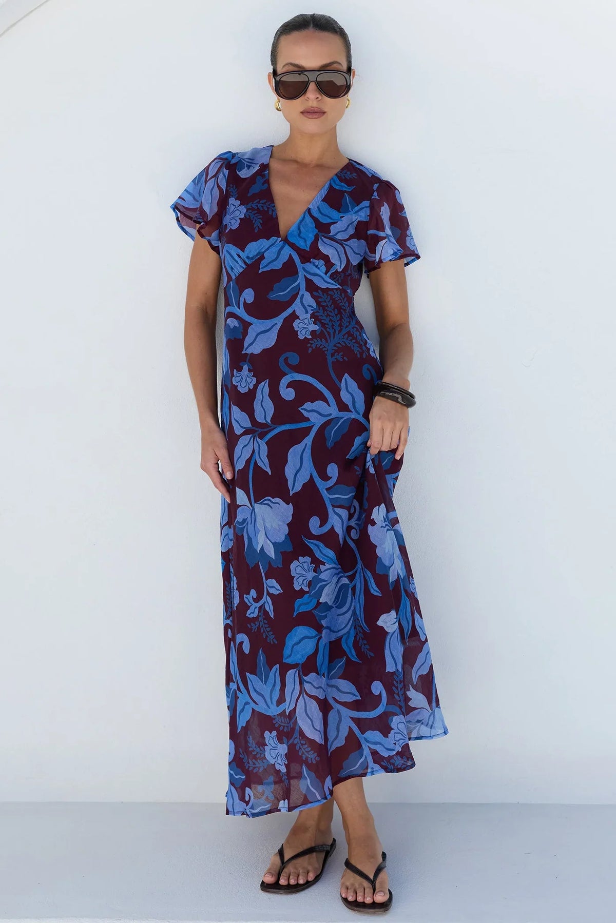 Among the Brave Chariot Maxi Dress - Burgundy Blue Floral