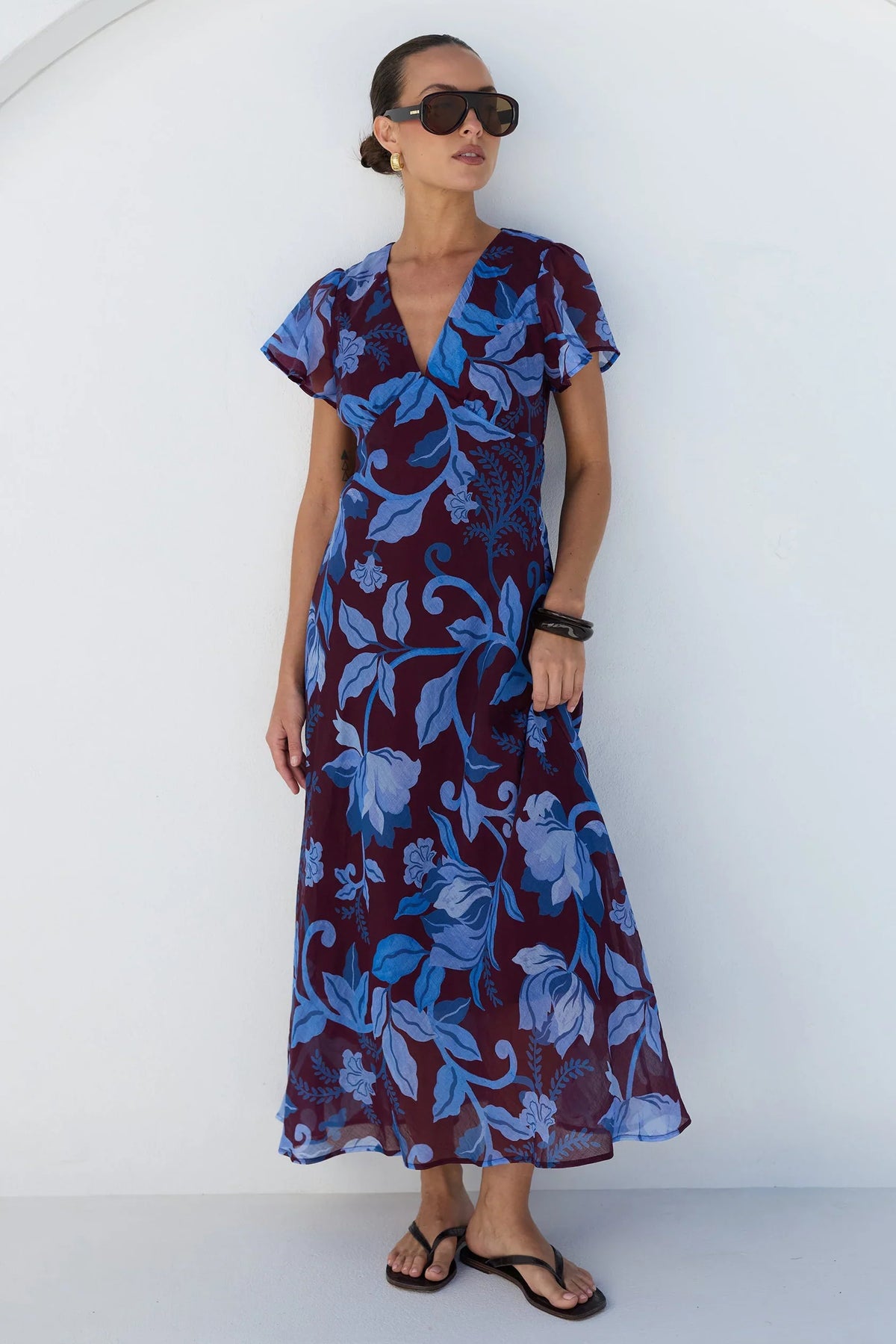Among the Brave Chariot Maxi Dress - Burgundy Blue Floral, view 2