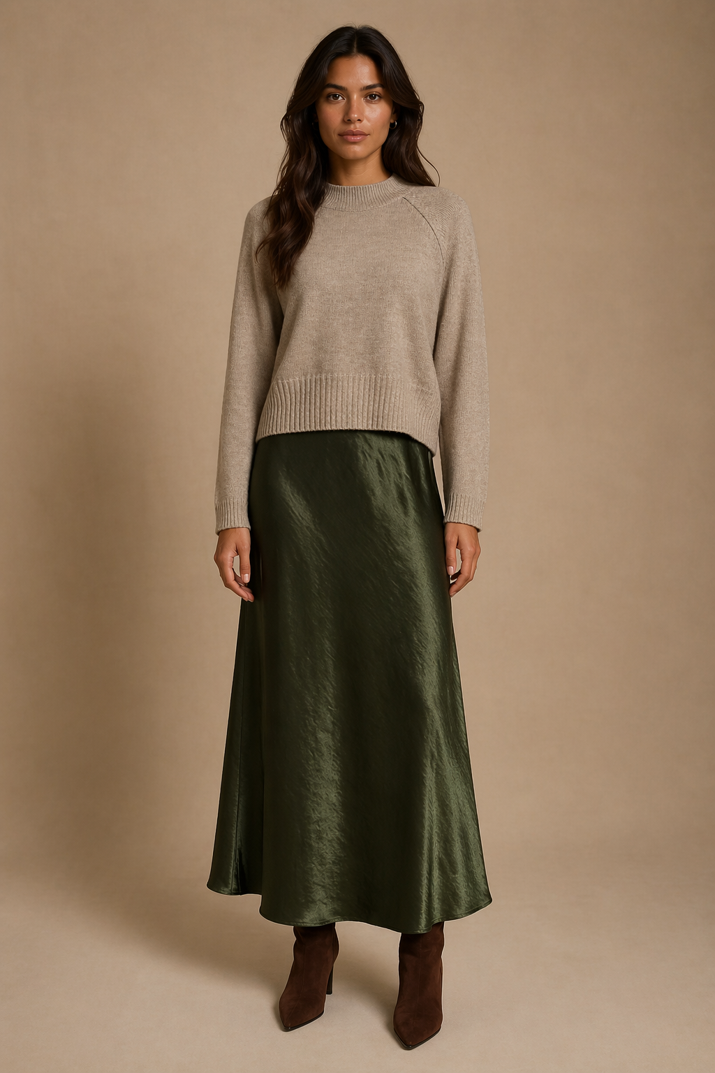 Satin Bias Skirt - Olive