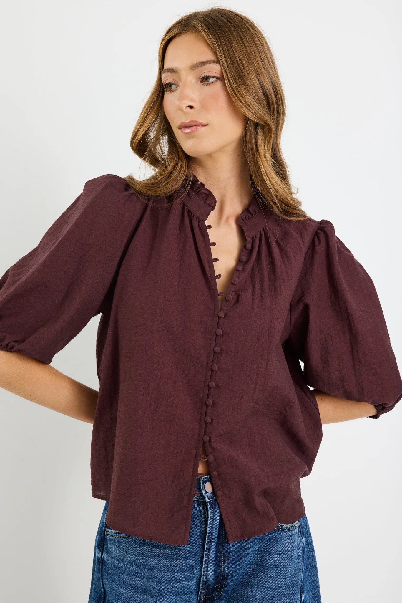 Continuance Chocolate Semi Sheer High Neck Short Sleeve Top - Chocolate