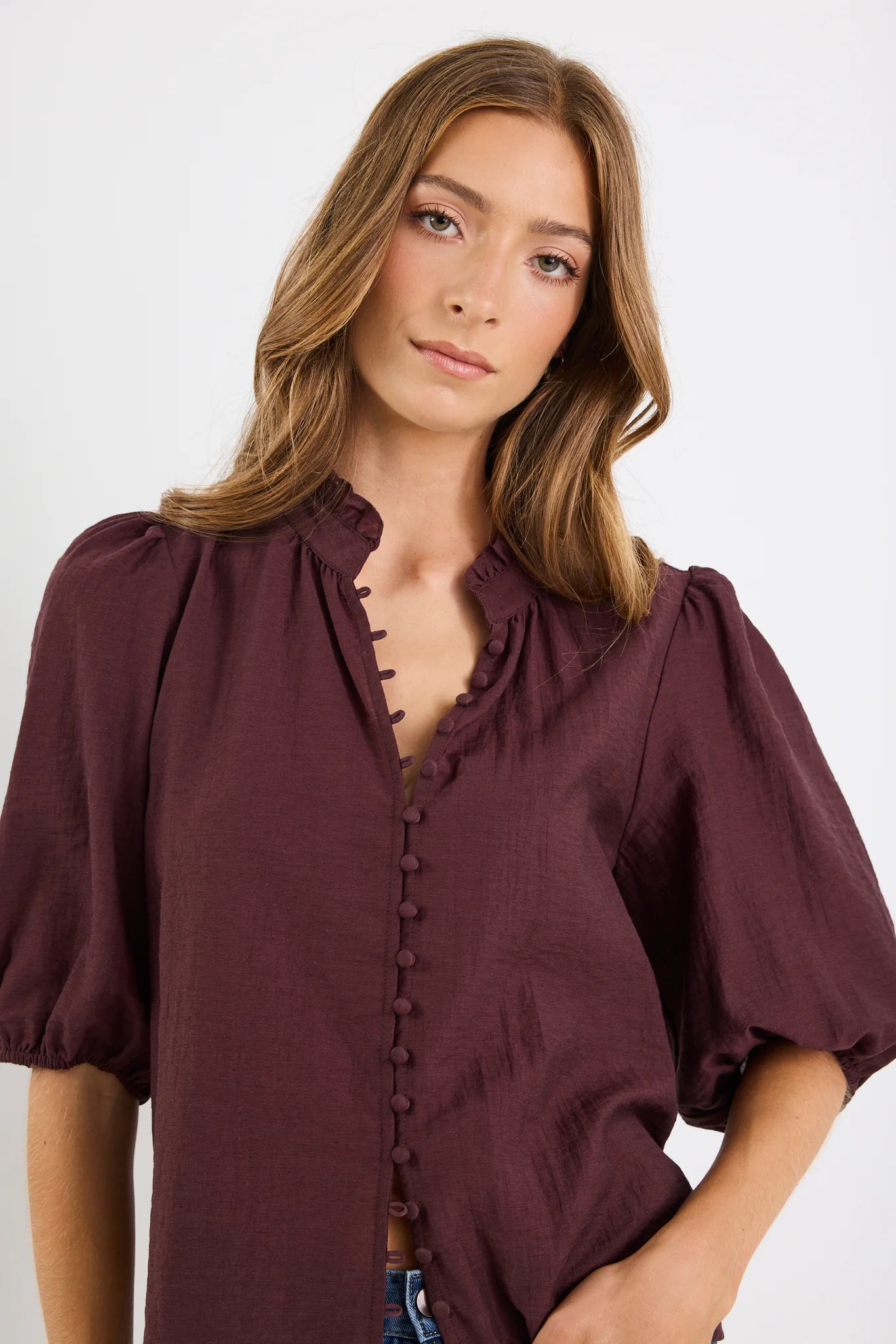 Continuance Chocolate Semi Sheer High Neck Short Sleeve Top - Chocolate