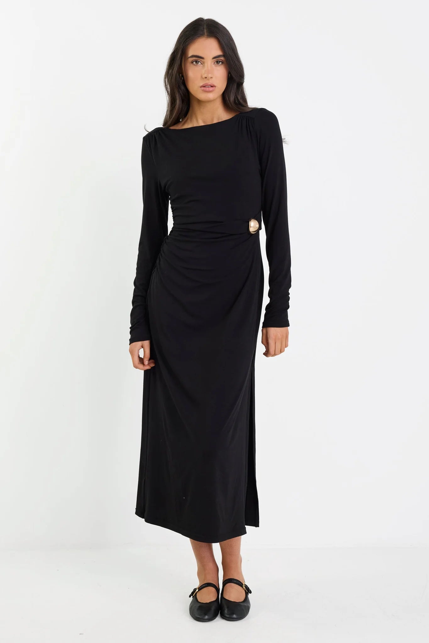 Course Waist Buckle Knit Long Sleeve Midi Dress - Black