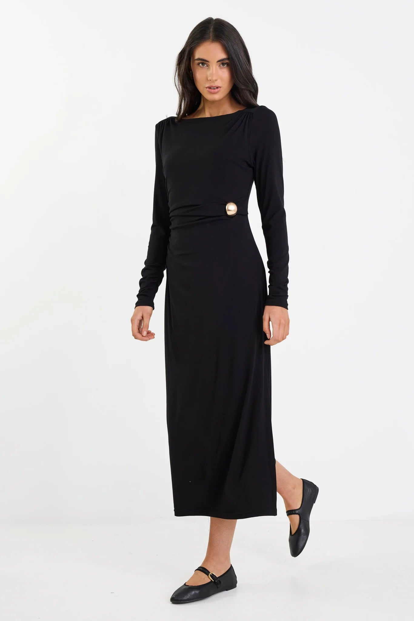 Course Waist Buckle Knit Long Sleeve Midi Dress - Black