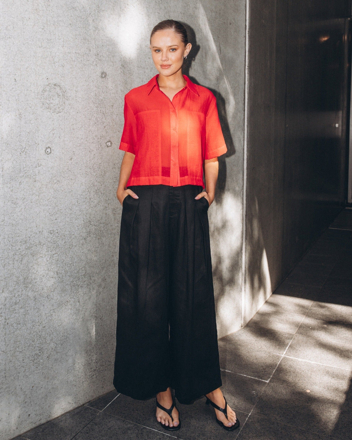 Patch Detail Shirt - Red, worn open over a cami