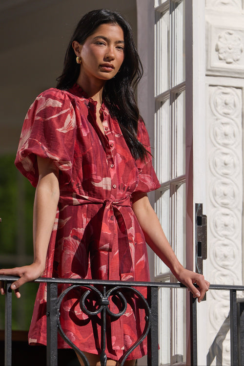 Delphi Large Red Peony Belted Mini Dress, front view