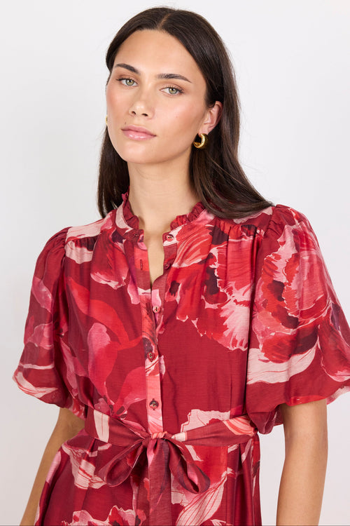 Delphi Large Red Peony Belted Mini Dress, front detail
