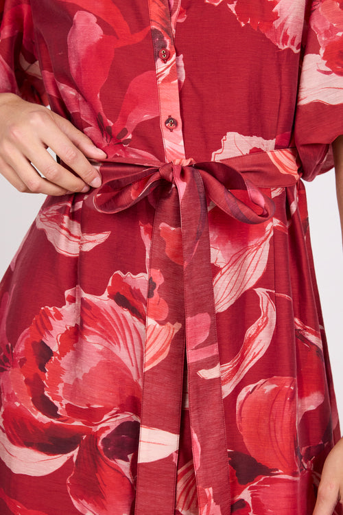 Delphi Large Red Peony Belted Mini Dress, fabric close-up