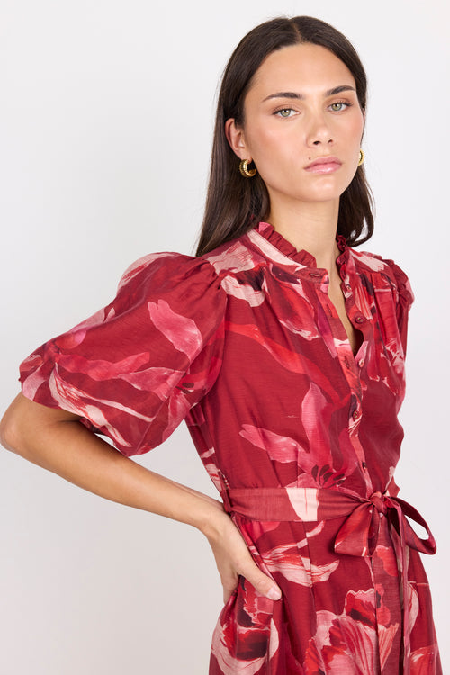 Delphi Large Red Peony Belted Mini Dress, neckline detail