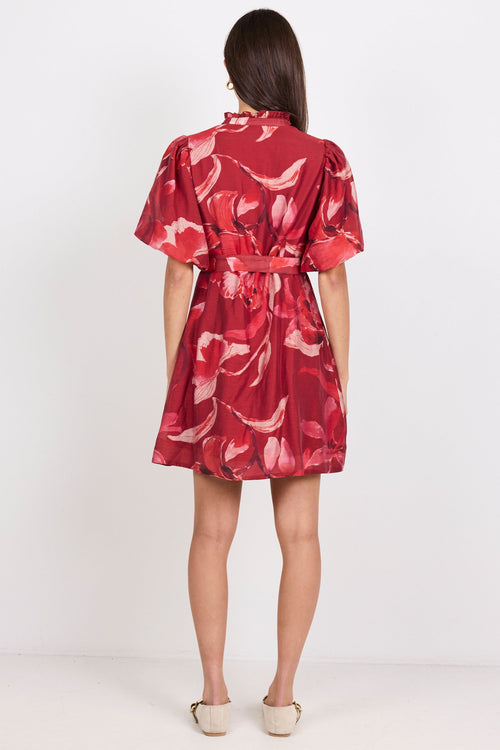 Delphi Large Red Peony Belted Mini Dress, back view